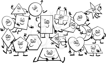 Black and White Cartoon Illustration of Playful Basic Geometric Shapes Comic Characters Coloring Book Page
