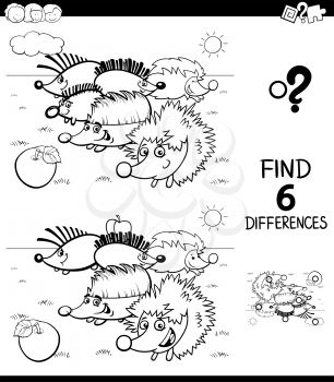 Black and White Cartoon Illustration of Finding Six Differences Between Pictures Educational Game for Children with Hedgehogs Animal Characters Coloring Book