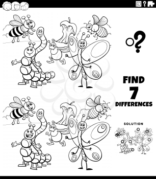 Black and White Cartoon Illustration of Finding Differences Between Pictures Educational Game for Children with Comic Insect Characters Coloring Book Page