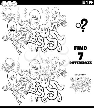 Black and White Cartoon Illustration of Finding Differences Between Pictures Educational Game for Children with Comic Octopus Characters Coloring Book Page