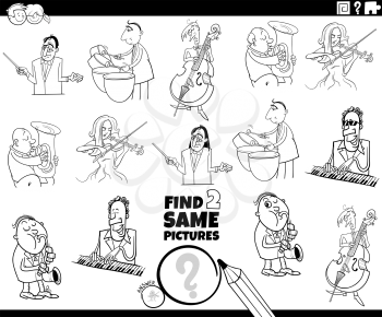 Black and White Cartoon Illustration of Finding Two Same Pictures Educational Task for Children with Musicians Characters Coloring Book Page