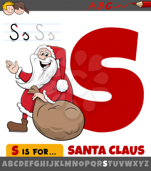 Educational cartoon illustration of letter S from alphabet with Santa Claus Christmas holiday character for children 