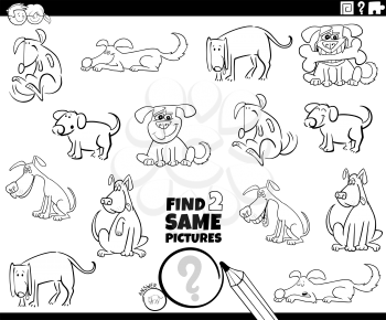 Black and White Cartoon Illustration of Finding Two Same Pictures Educational Activity Game for Children with Happy Dogs Pet Animal Characters Coloring Book Page
