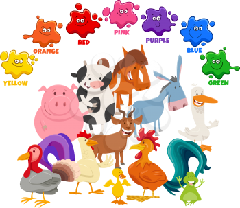 Educational cartoon illustration of basic colors for children with farm animals funny characters group