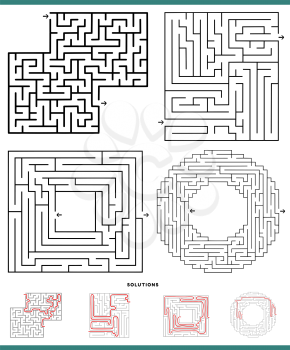 Illustration of black and white mazes leisure game activities set with solutions