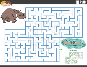 Cartoon illustration of educational maze puzzle game for children with funny hippos