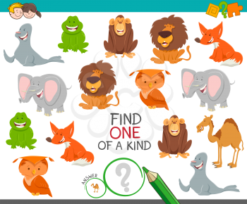 Cartoon Illustration of Find One of a Kind Picture Educational Activity Game with Funny Wild Animal Characters