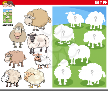 Cartoon illustration of match animals and the right shape or silhouette with sheep farm animal characters educational game for children