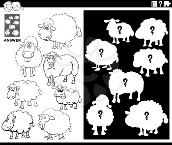 Black and white cartoon illustration of match animals and the right shape or silhouette with sheep farm animal characters educational game for children coloring book page