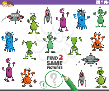 Cartoon Illustration of Finding Two Same Pictures Educational Game for Children with Funny Aliens Fantasy Characters