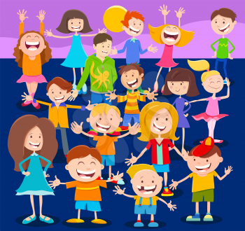 Cartoon Illustration of Happy Elementary Age Kids or Teen Characters Large Group