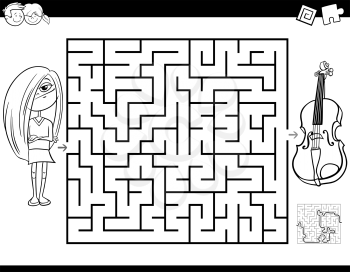 Black and White Cartoon Illustration of Education Maze or Labyrinth Activity Game for Children with Girl and Violin Musical Instrument Coloring Book