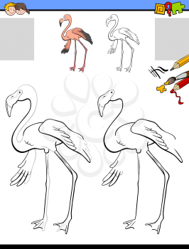 Cartoon Illustration of Drawing and Coloring Educational Activity for Children with Funny Flamingo Animal Character