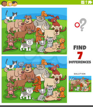 Cartoon Illustration of Finding Differences Between Pictures Educational Game for Kids with Comic Cats and Dogs Group