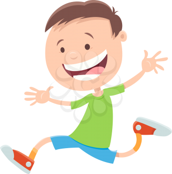 Cartoon Illustration of Happy Running Elementary Age Boy Character