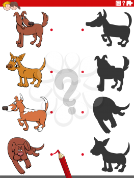Cartoon Illustration of Match the Right Shadows with Pictures Educational Task for Children with Dogs and Puppies Characters