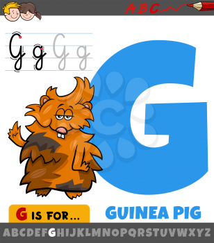 Educational cartoon illustration of letter G from alphabet with guinea pig for children 