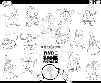 Black and white cartoon illustration of finding two same pictures educational game with Santa Claus Christmas characters coloring book page