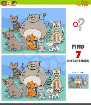 Cartoon Illustration of Finding Differences Between Pictures Educational Game for Children with Funny Cats Characters Group