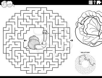 Black and White cartoon illustration of educational maze puzzle game for children with funny snail and lettuce Coloring Book Page