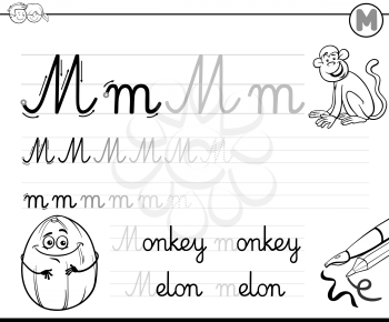 Black and White Cartoon Illustration of Writing Skills Practice with Letter M for Preschool and Elementary Age Children Color Book