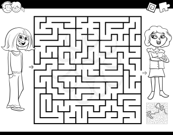 Black and White Cartoon Illustration of Education Maze or Labyrinth Activity Game for Children with Girl and Her Best Friend Coloring Book