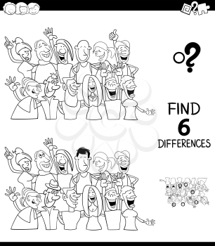 Black and White Cartoon Illustration of Finding Six Differences Between Pictures Educational Game for Children with People Characters Group Color Book