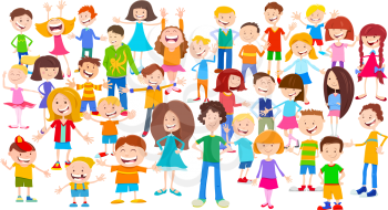 Cartoon Illustration of Happy Elementary Age Kids or Teen Characters Huge Group