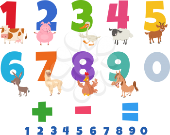 Cartoon Illustration of Educational Numbers Set from One to Nine with Happy Farm Animal Characters