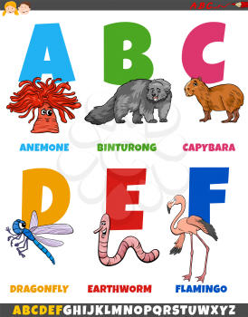 Cartoon Illustration of Educational Colorful Alphabet Set from Letter A to F with Comic Animal Characters