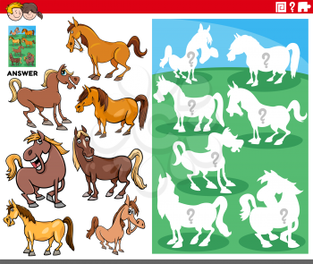 Cartoon Illustration of Match Objects and the Right Shape or Silhouette with Horses Farm Animal Characters Educational Game for Children