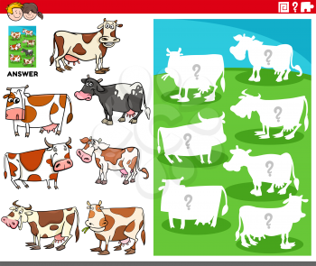 Cartoon Illustration of Match Objects and the Right Shape or Silhouette with Cows Farm Animal Characters Educational Game for Children