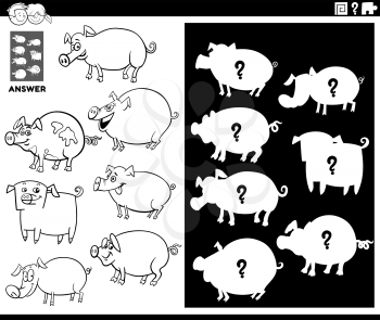 Black and White Cartoon Illustration of Match Objects and the Right Shape or Silhouette with Pigs Farm Animal Characters Educational Game for Children Coloring Book Page