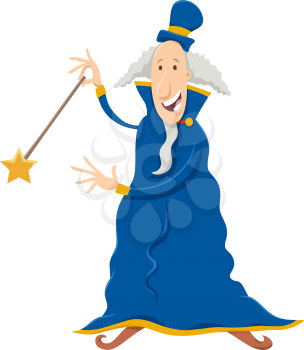 Cartoon illustration of Happy Wizard Fantasy Character with Magic Wand