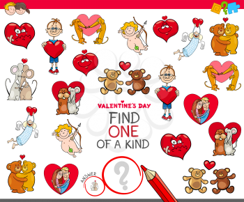 Cartoon Illustration of Find One of a Kind Picture Educational Game for Kids with Valentines Day Characters