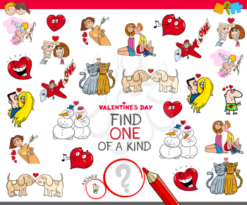 Cartoon Illustration of Find One of a Kind Picture Educational Game for Children with Valentines Day Characters