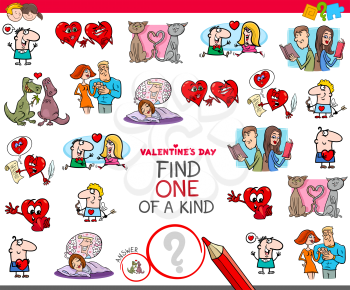 Cartoon Illustration of Find One of a Kind Picture Educational Game for Preschool and Elementary Age Kids with Valentines Day Characters