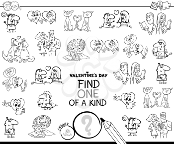 Black and White Cartoon Illustration of Find One of a Kind Picture Educational Game for Preschool and Elementary Age Kids with Valentines Day Characters Coloring Book