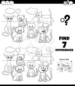 Black and White Cartoon Illustration of Finding Differences Between Pictures Educational Game for Children with Cats Characters Group Coloring Book Page