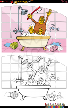 Cartoon illustration of monkey in a bath coloring book page