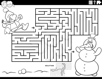 Black and white cartoon illustration of educational maze puzzle game for children with boy and snowman coloring book page