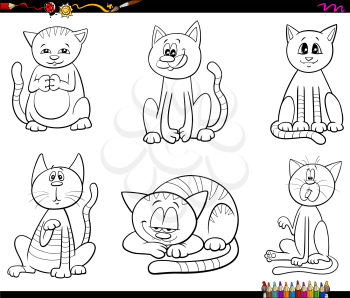 Black and White Cartoon Illustration of Cats and Kittens Animal Characters Set Coloring Book Page