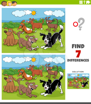 Cartoon Illustration of Finding Differences Between Pictures Educational Task for Children with Funny Dog Characters Group