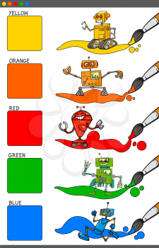 Cartoon Illustration of Primary Colors with Funny Robot Characters Educational Set for Preschool Children