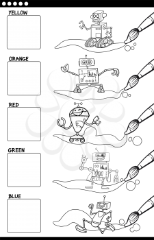Black and White Cartoon Illustration of Primary Colors with Funny Robot Characters Educational Set for Preschool Children Color Book