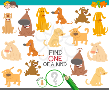 Cartoon Illustration of Find One of a Kind Picture Educational Activity Game with Dogs and Puppies Animal Characters
