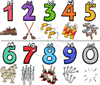 Cartoon Illustration of Educational Numbers Set from One to Nine with Objects