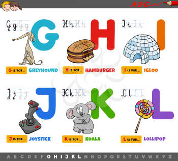 Cartoon Illustration of Capital Letters Alphabet Educational Set for Reading and Writing Learning for Preschool and Elementary Age Children from G to L