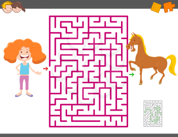 Cartoon Illustration of Education Maze Activity Game for Children with Girl and Horse