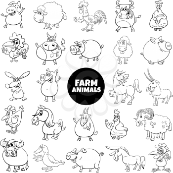 Black and White Cartoon Illustration of Comic Farm Animal Characters Big Set